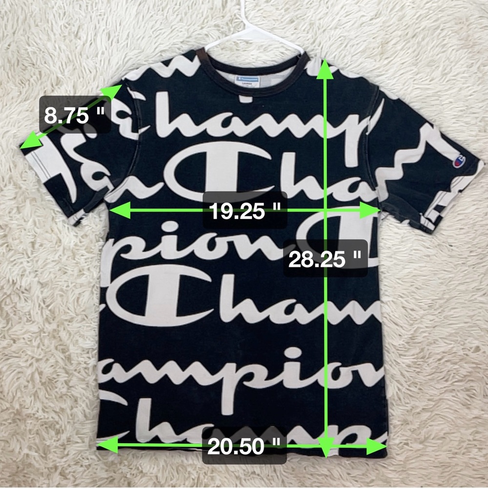 Size L Vintage Champion T-Shirt Vintage 90s All Over Print‎ Black Distressed Y2K - Picture 2 of 15